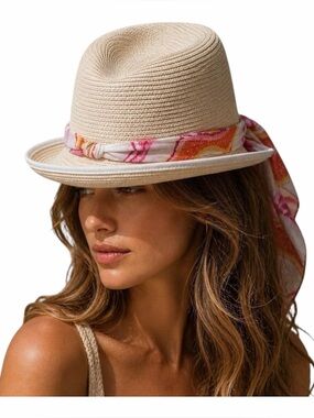 COACH Straw Fedora Trilby Hat with Pink Orange Printed Silk Scarf Tie XS/S